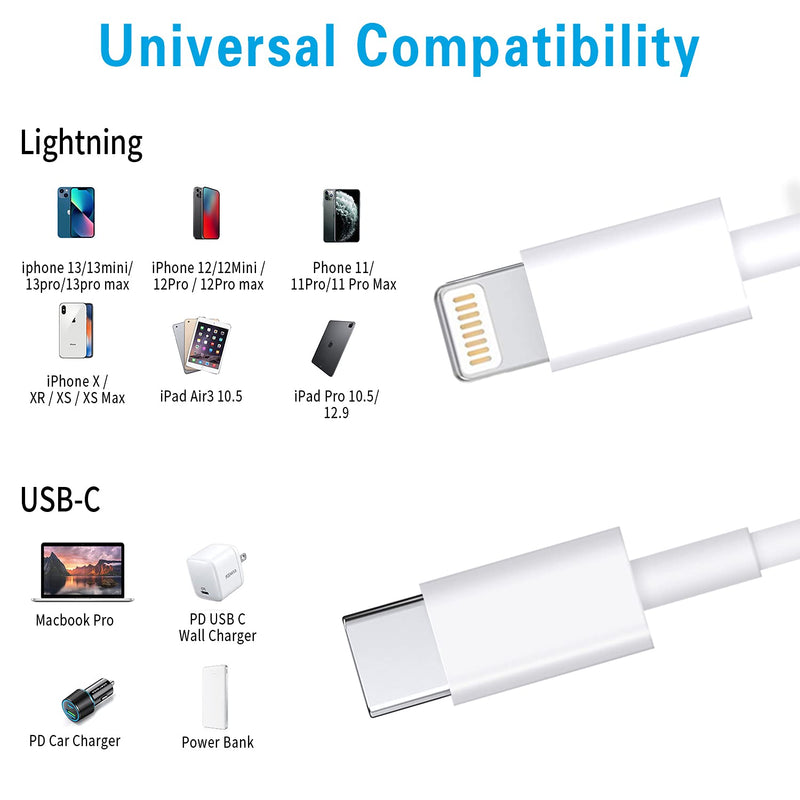 [Australia - AusPower] - USB C to Lightning Cable 3Pack 6FT [Apple MFi Certified] iPhone Fast Charger Cable USB-C Power Delivery Charging Cord for iPhone 13/12/12 PRO Max/12 Mini/11/11PRO/XS/Max/XR/X/8/8Plus/iPad, White 