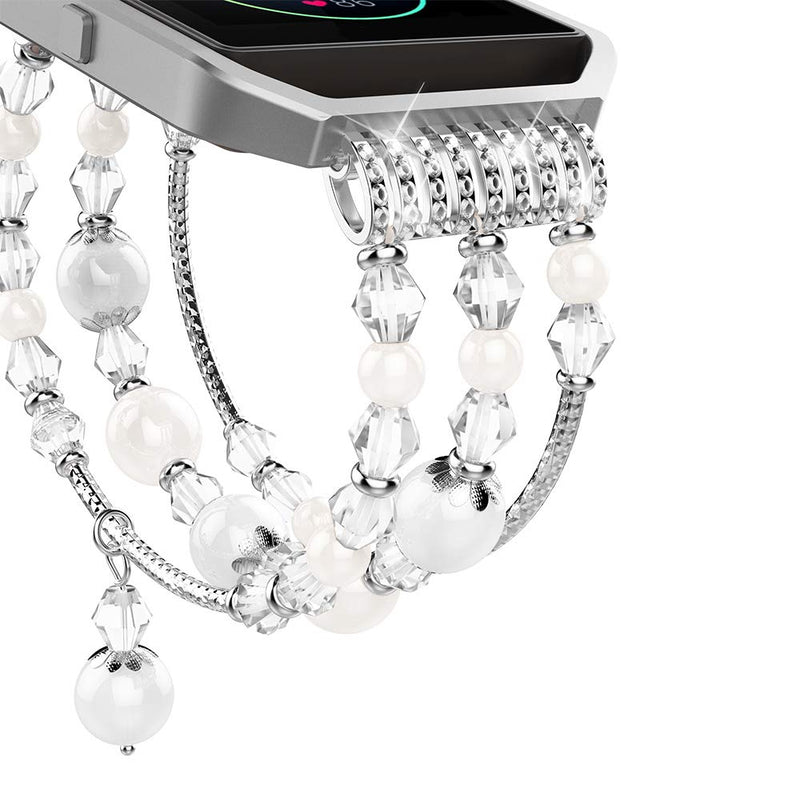 [Australia - AusPower] - Simpeak Fashion Elastic Band Compatible with Fitbit Blaze Smartwatch Fitness, Large(7.28") Handmade Beaded Jewelry Bracelet Band Strap Replacement for Fit bit Blaze Women, White 