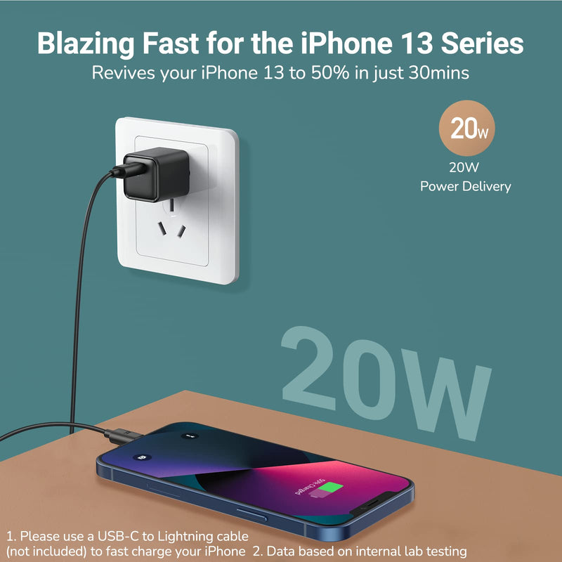 [Australia - AusPower] - USB C Charger Block 2-Pack 20W Type C Wall Charging Adapter, PD 3.0 Durable Compatible with iPhone 13 Pro Max Mini 12 11 Samsung Galaxy S20 Pixel Switch AirPods LG Black 