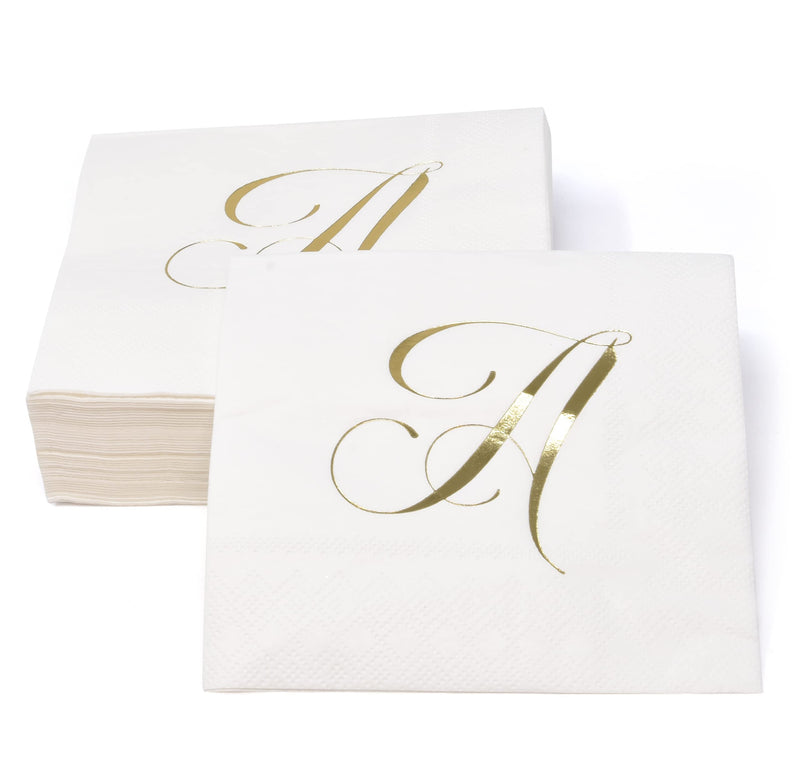 [Australia - AusPower] - 100 Gold Monogram Cocktail Napkins Letter A Disposable Paper Pack Elegant Metallic Golden Foil Hand Napkin for Powder Room Wedding Holiday Birthday Party Baby Shower Decorative Towels 