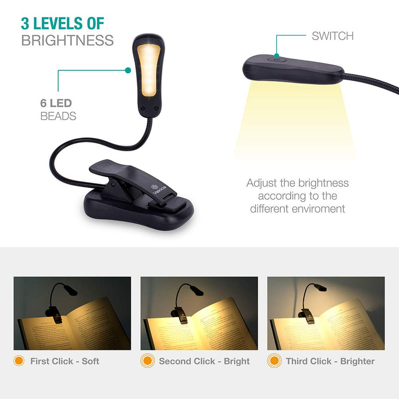[Australia - AusPower] - Vekkia Rechargeable 3000K LED Book Light, Easy Clip on Reading Lights for Reading in Bed. Perfect for Readers & Kids Black 