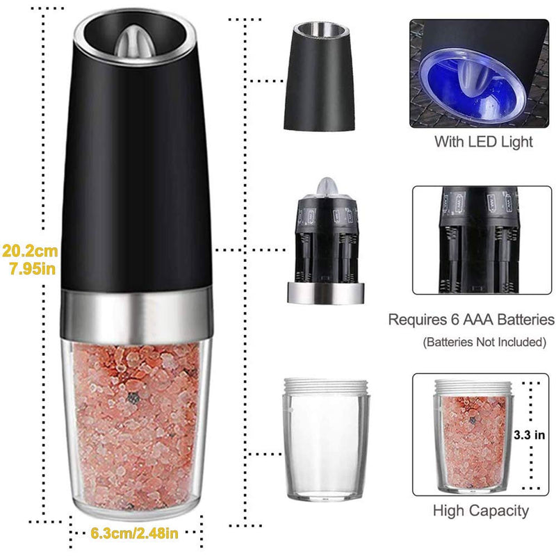 [Australia - AusPower] - YAYAYOUNG Gravity Electric Grinder set of 2,Automatic Pepper and Salt Mill Grinder with Blue LED LIGHT,Electric Pepper Mill with Adjustable Coarseness,Refillable,salt and pepper shaker,pepper grinder Black 