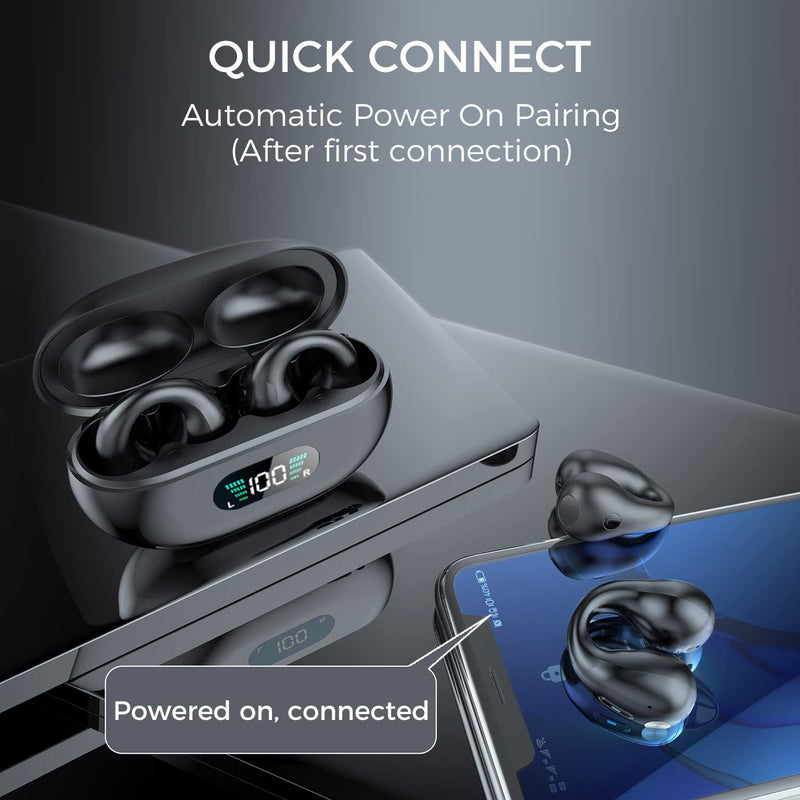 [Australia - AusPower] - Alpha Digital Wireless Ear Clip Bone Conduction Earbuds, Bluetooth 5.3, Up to 18 Hours Playtime, 350mAh Battery, Lightweight, Wireless Bluetooth Earbuds for Cycling, Sport, Running, Driving Black 