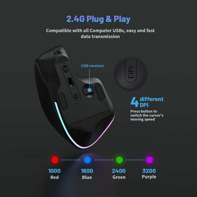 [Australia - AusPower] - CIDOO Ergonomic Wireless Mouse RGB Backlit, Jiggler Mouse with Zoom Mode, Undetectable Automatic Mouse Mover, Rechargeable Cordless USB Magnifier Mouse for Laptop, Desktop, MacBook (Black) Ergo Black 