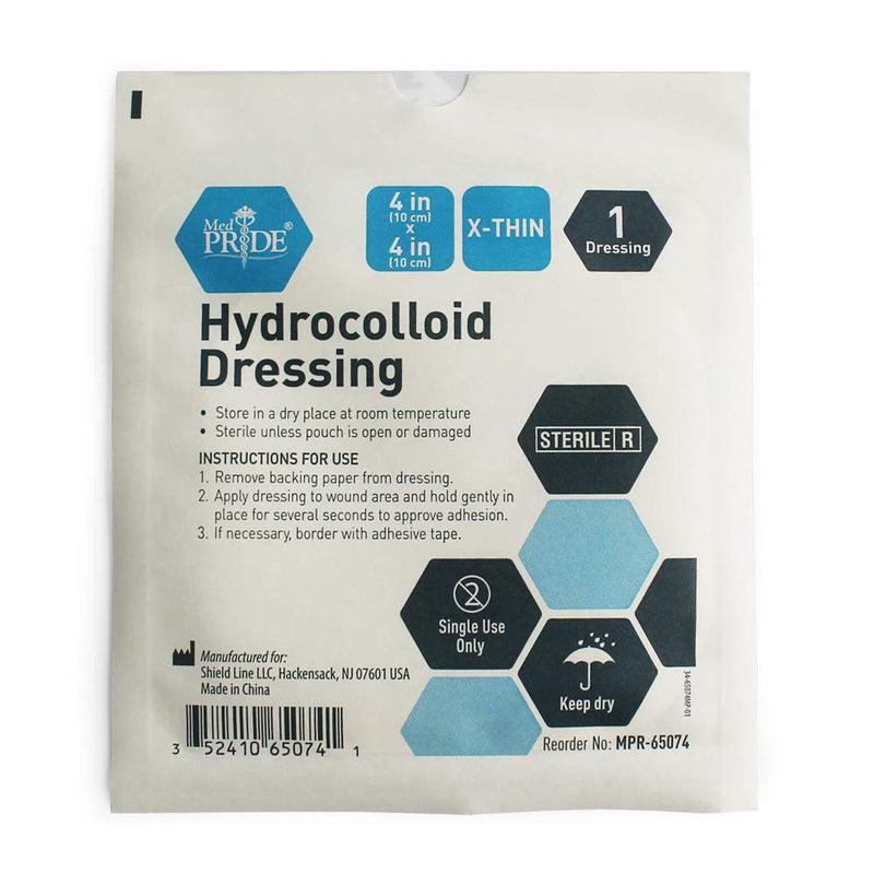 [Australia - AusPower] - Med PRIDE Hydrocolloid Wound Dressing Pads| 10-Pack, 4inch by 4inch Sterile Adhesive Patches| Individually Packed, Highly Absorbent, Water-Resistant & Comfortable| Stays On for Multiple Days 4'' x 4'' X-Thin 