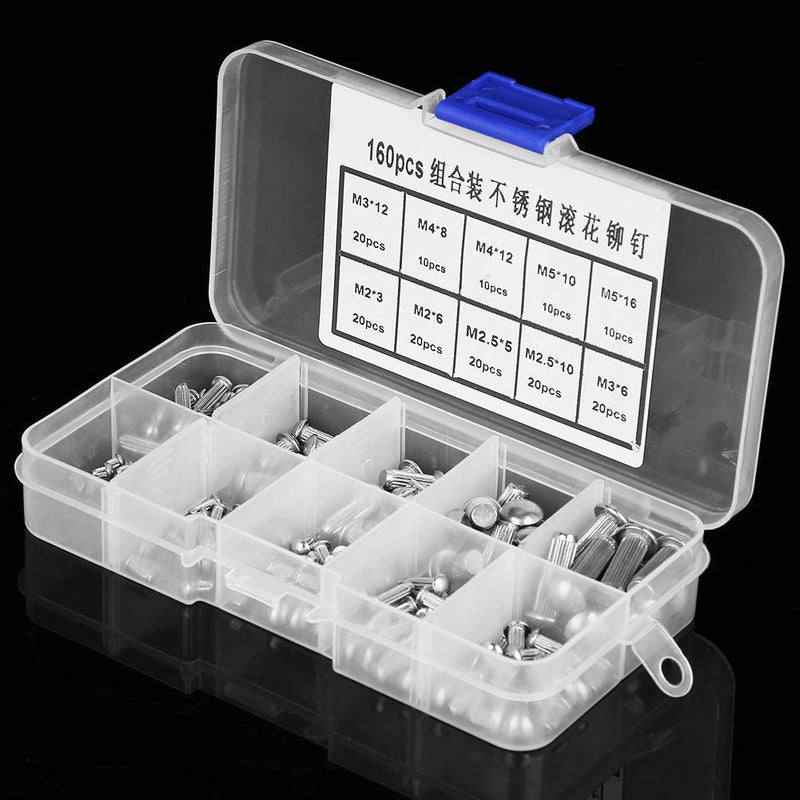 [Australia - AusPower] - 160pcs Solid Rivets Round Head Knurled Shank M2-M5 Stainless Steel Solid Rivets Assortment Set with Plastic Box Marked Clearly M2/M3/M4/M5 