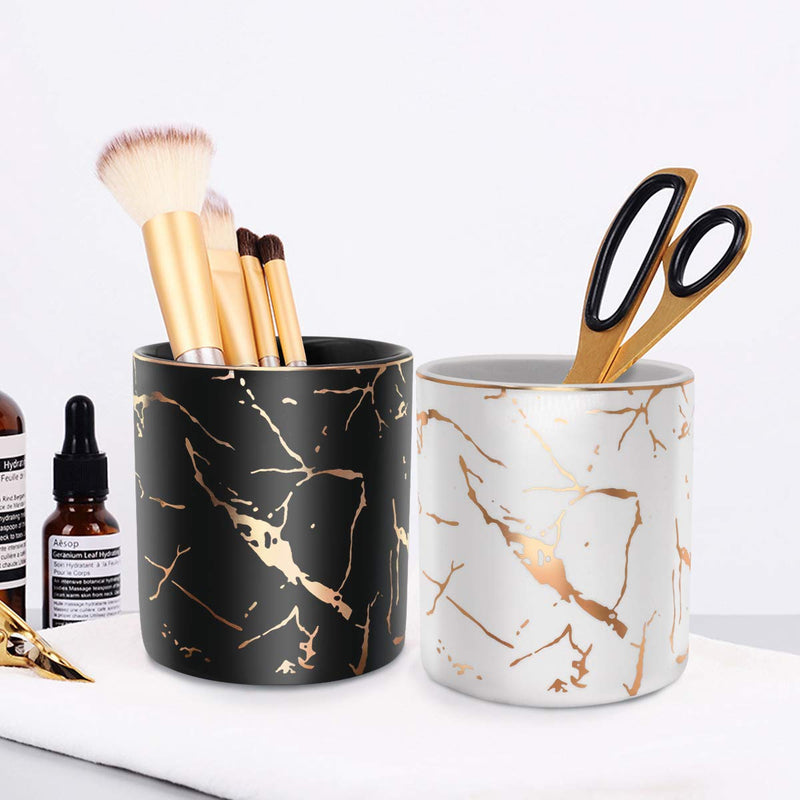 [Australia - AusPower] - Pencil Cup, Pen Holder for Desk, Pen Pencil Stand Holder for Desk, WAVEYU Office Desk Organizer for Girls Women Kids Ceramic Glitter Marble Makeup Brush Holder, Black (Upgrade Style) Black Marble 