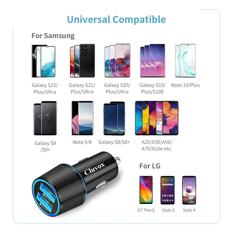 [Australia - AusPower] - Fast USB Car Charger, Compatible for Samsung Galaxy S22/S21/S20 Plus/Ultra/S20 FE/S10+/S10e/S9/S8/Note 20/10/9/8/A10S/A21/A31/A51, Quick Charge 3.0 Dual USB Rapid Car Charger with USB C Cable 3.3ft Black 