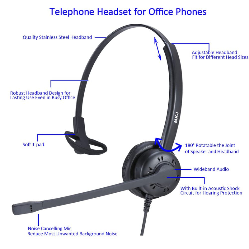 [Australia - AusPower] - RJ9 Telephone Headset for Office Phones, Corded Phone Headset with Noise Cancelling Microphone for Panasonic KX-HDV130 KX-T7030 Yealink T21P T46S T48G Grandstream GXP 1625 Snom 720 Sangoma S705 etc 