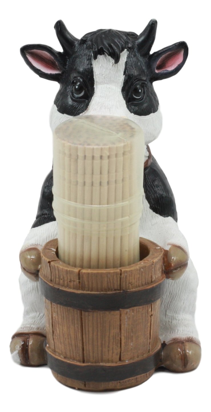 [Australia - AusPower] - Ebros Country Farm Bovine Cow With Bell Collar Holding A Wooden Barrel Decorative Toothpick Holder Statue With Toothpicks 4"Tall Starter Kit Cattle Animal Figurine Collectible Kitchen Decor 