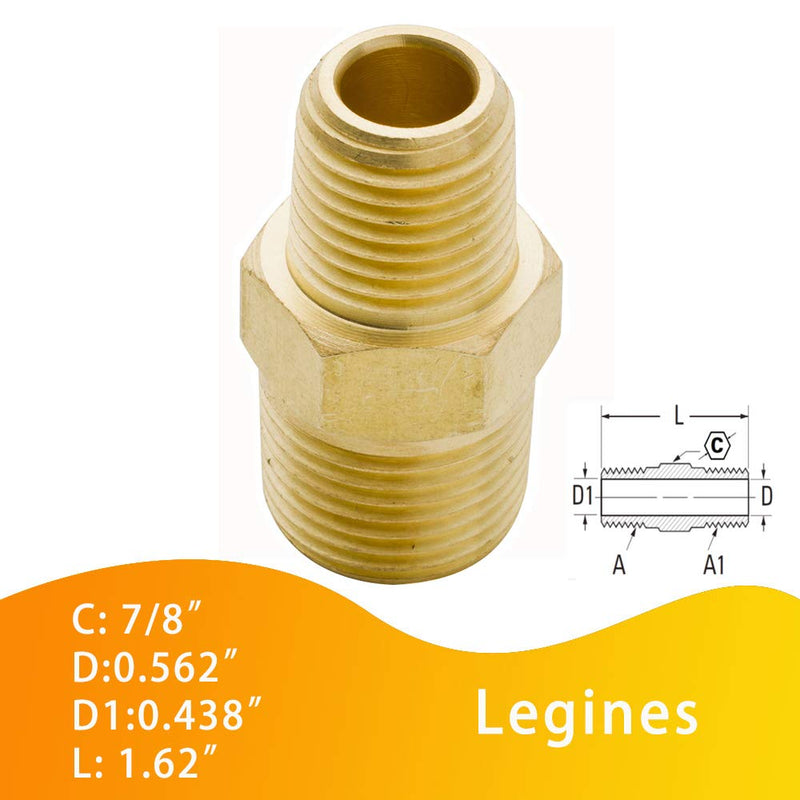 [Australia - AusPower] - Legines Brass Reducing Hex Nipple, 1/2" NPT Male x 3/8" NPT Male Straight Connector Pipe Fitting 1200psi (Pack of 2) 1/2" x 3/8" 