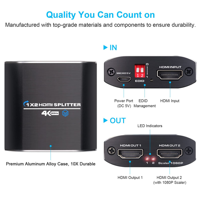 [Australia - AusPower] - HDMI Splitter 1 in 2 Out, Yauhody 4K@60Hz 1x2 HDMI Splitter for Dual Monitors Duplicate/Mirror, Supports 4K60Hz Full HD 1080P HDCP2.2 3D HDR, One Source to Two Display Splitter (HDMI Cable Included) 