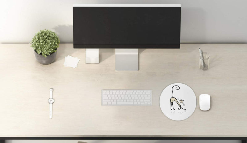 [Australia - AusPower] - Lunarable Ivory and Black Mouse Pad for Computers, Doodle Siamese Cat Design Oriental House Pet Swirled Tail and Feet, Round Non-Slip Thick Rubber Modern Gaming Mousepad, 8" Round, Ivory and Black 