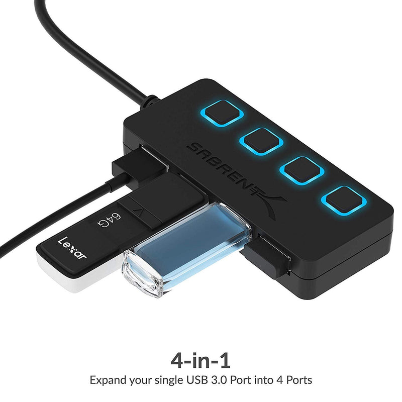 [Australia - AusPower] - SABRENT 4-Port USB 3.0 Hub with Individual LED Lit Power Switches, Includes 5V/2.5A Power Adapter (HB-UMP3) 