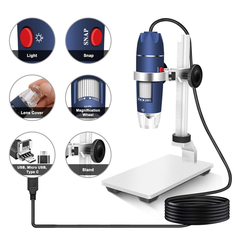 [Australia - AusPower] - Jiusion HD 2MP USB Digital Microscope 40-1000X Portable Magnification Endoscope Camera with 8 LEDs Aluminum Alloy Stable Stand for OTG Android Mac Windows 7 8 10 11 Linux Chrome 