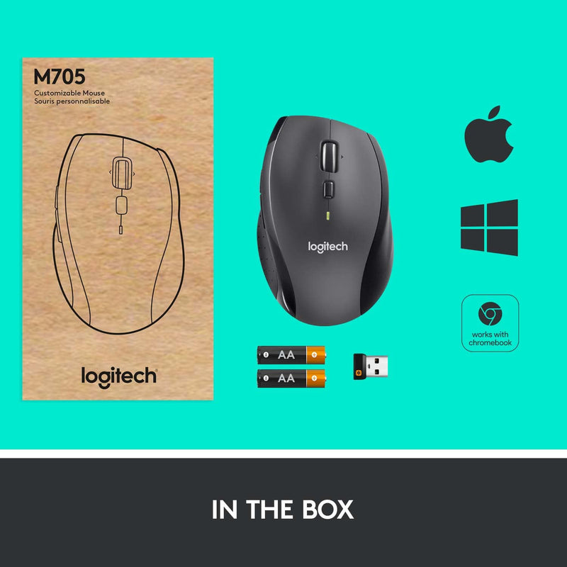 [Australia - AusPower] - Logitech M705 Marathon Wireless Mouse, 2.4 GHz USB Unifying Receiver, 1000 DPI, 5-Programmable Buttons, 3-Year Battery, Compatible with PC, Mac, Laptop, Chromebook - Black 