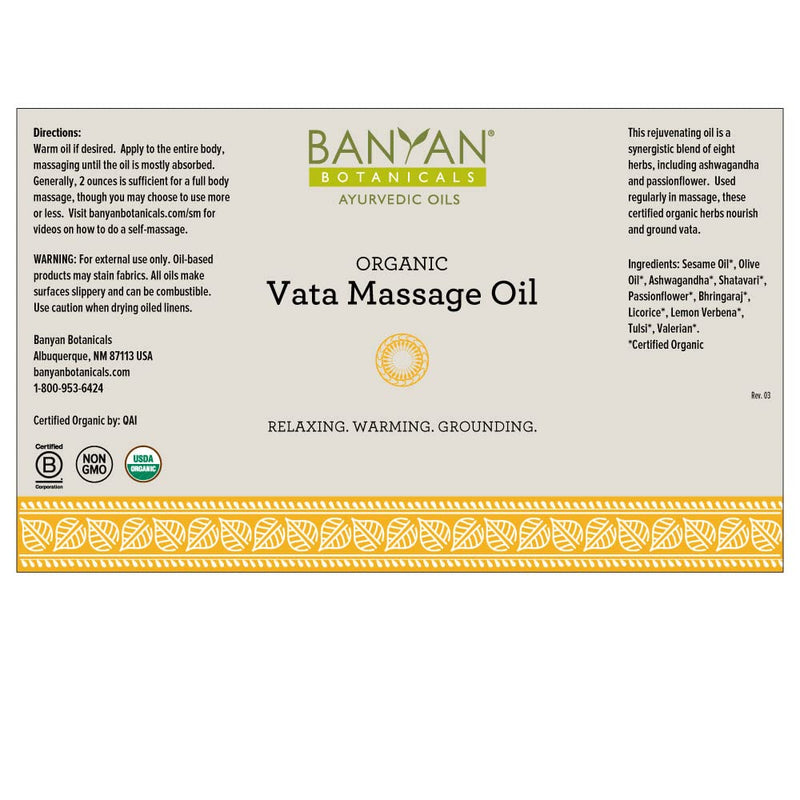 [Australia - AusPower] - Banyan Botanicals Vata Massage Oil – Organic Massage Oil with Ashwagandha, Shatavari & Passionflower ­­– Relaxing Herbal Oil for Warmth, Calm & Deep Moisture – 4oz. – Non GMO Sustainably Sourced Vegan 4 Fl Oz (Pack of 1) 