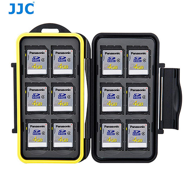 [Australia - AusPower] - JJC MC-SD12 Ruggard SD Card Case, Shockproof SD Card Case, Water-Resistant SD Card Case, Rubber Sealed Ergonomic Locking Easy Carrying Memory Card Case Fits 12 SD Cards Black 