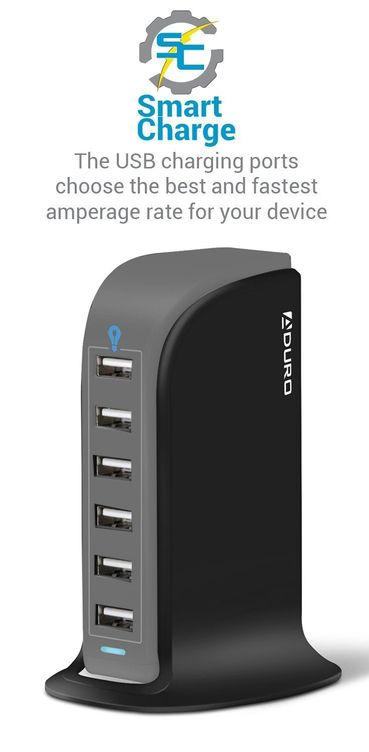 [Australia - AusPower] - Aduro 40W 6-Port USB Desktop Charging Station Hub Wall Charger for iPhone iPad Tablets Smartphones with Smart Flow (Black/Grey) Black/Grey 