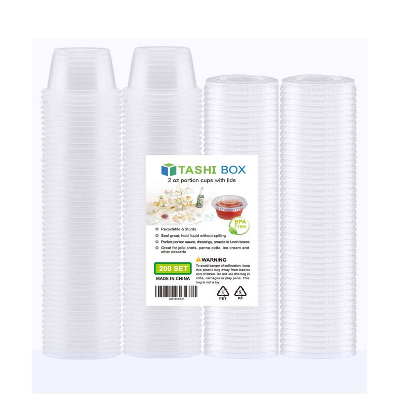 [Australia - AusPower] - TashiBox 200 Sets - 2 Ounce Disposable Plastic Jello Shot Cups with Lids, Souffle Portion Container… 2 oz - 200 sets, 