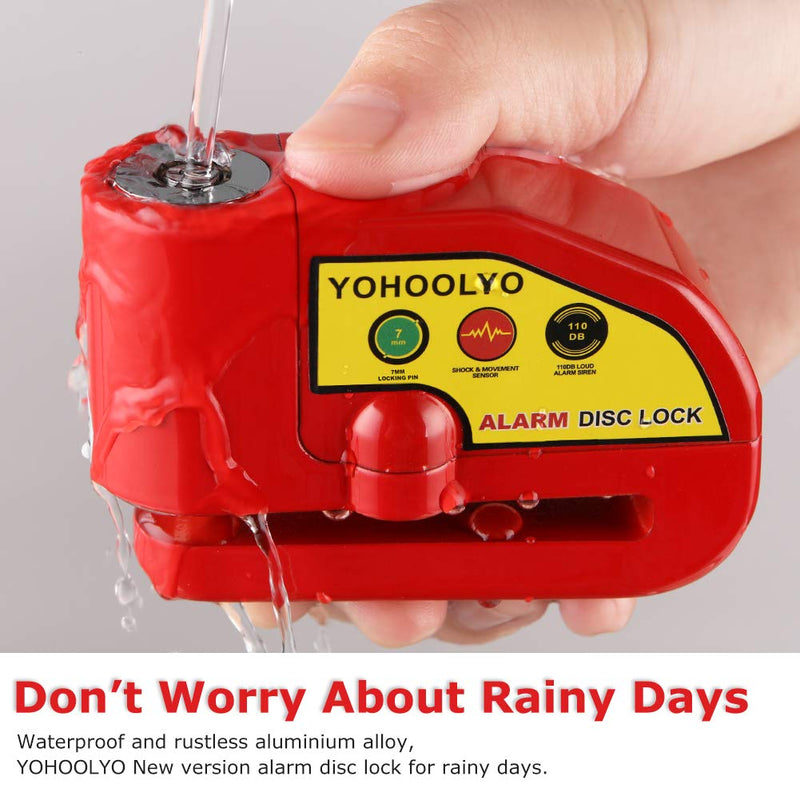 [Australia - AusPower] - YOHOOLYO Alarm Disc Lock Motorcycle Disc Brake Lock Anti-Theft Waterproof 110 dB 7mm Pin 5ft Reminder Cable for Motorcycles Bike Scooter Carry Pouch (Red) Red 