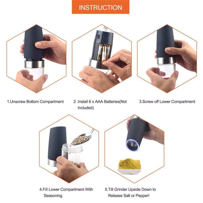 [Australia - AusPower] - Stainless Steel Battery Operated Gravity Electric Pepper Grinder Salt Mill Automatic Spices Mill with Blue Led Light 