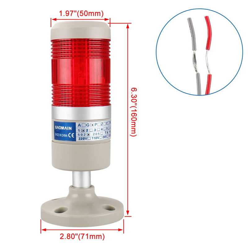 [Australia - AusPower] - Baomain Industrial Signal Light Column LED Alarm Round Tower Light Indicator Continuous Light Warning Light Red AC 110V 