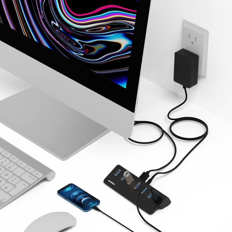 [Australia - AusPower] - Achoro 7 Ports Powered USB HUB – 2nd Generation 10GB Super Speed External USB Port – USB 3.2 Aluminium USB Hub for Computer, Mac, PCs, Smartphone & Tablets – Computer Multiple USB Hub (Powered Black) POWERED BLACK 