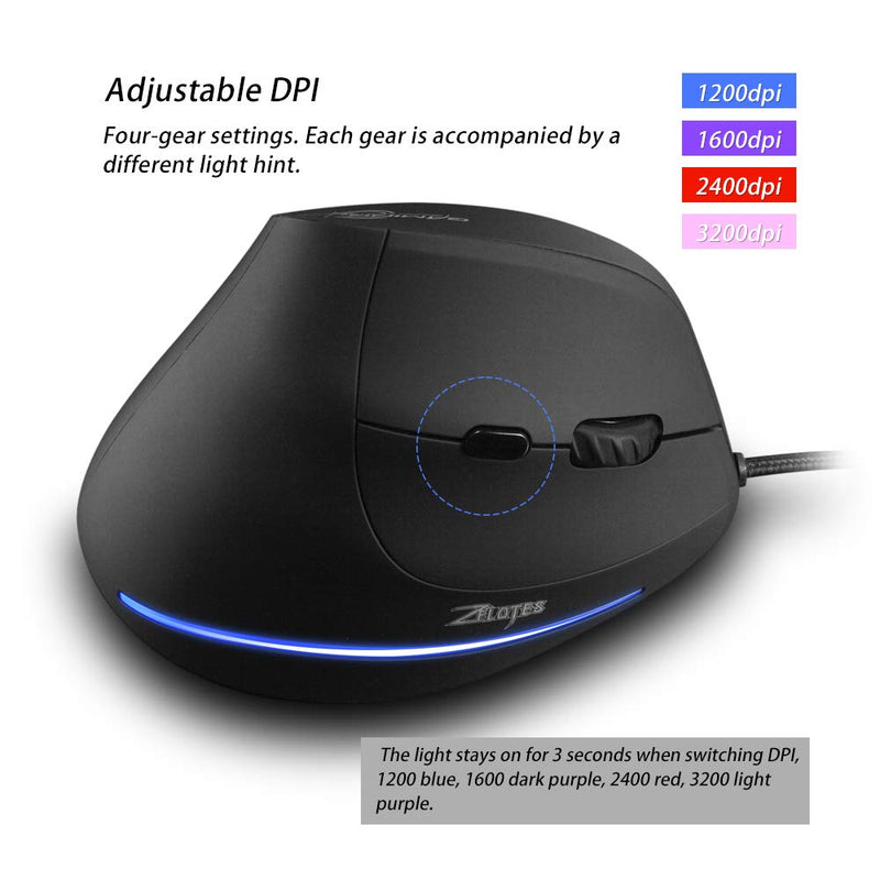 [Australia - AusPower] - Zelotes T20 Vertical Mouse, Wired Ergonomic Mouse, 3200DPI,6 Buttons, LED Optical Mouse Mice for Computer, Laptop, PC – Black 