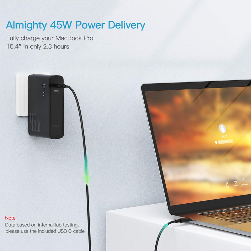 [Australia - AusPower] - USB C Portable Charger, Baseus 10000mAh Power Bank 2-in-1 45W GaN Tech Wall Charger, PD3.0 Fast Charge Battery Pack for Laptop, MacBook Pro, iPhone 12, Galaxy S20, iPad and More(1m Cable Include) C+C（Black） 