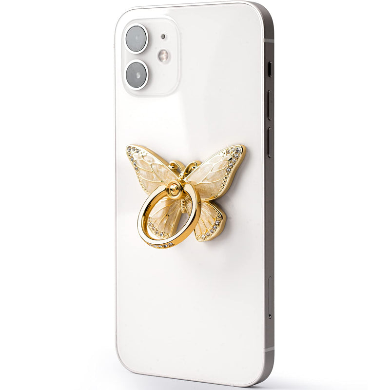 [Australia - AusPower] - Cell Phone Ring Holder Stand with Crystal Stone and Enamel Process, Butterfly 360° Rotation Finger Kickstand Metal Back Stand Hand Grip with Knob Loop Compatible with Smartphone (Gold Pearl White) 