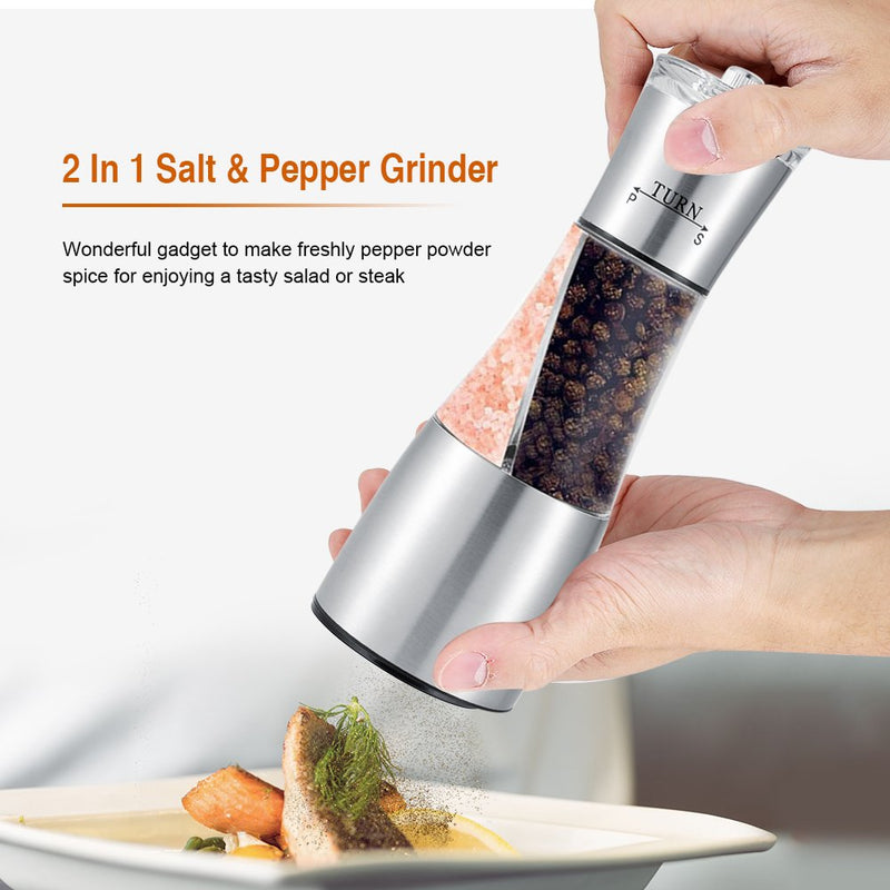 [Australia - AusPower] - Salt & Pepper Grinder Set, 2 in 1 Stainless Steel Manual Dual Salt & Pepper Shakers Spices Mill Kitchen Cooking Tools 