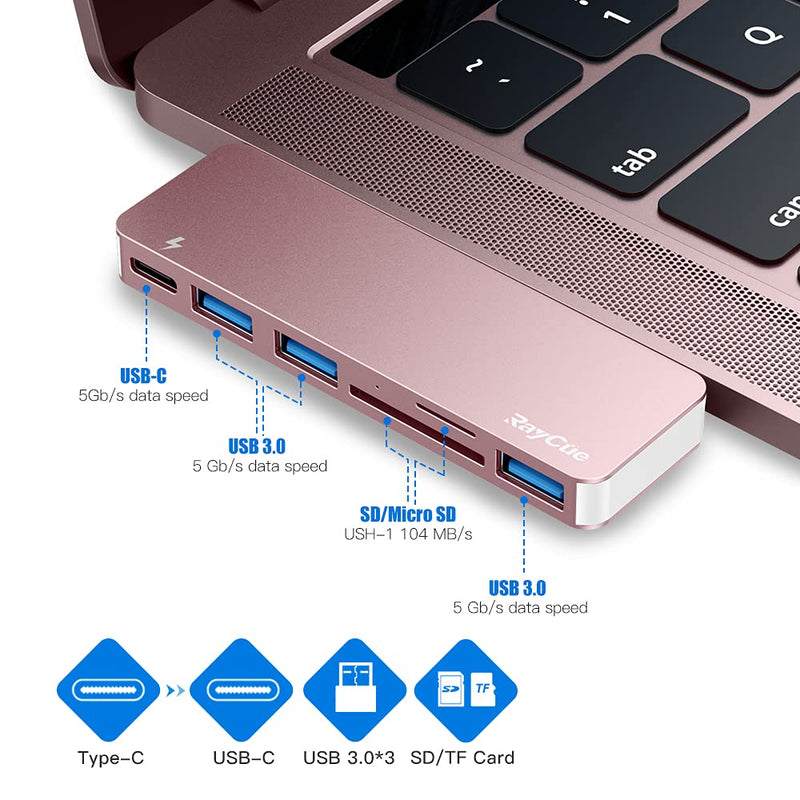 [Australia - AusPower] - USB C Hub Adapter for MacBook Pro/Air 2020 2019 2018, 6 in 1 USB-C Accessories Compatible with MacBook Pro 13″ and 15″ with 3 USB 3.0 Ports, TF/SD Card Reader, USB-C Power Delivery (Pink) Pink 