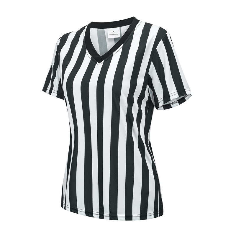 [Australia - AusPower] - Thapower Women's Official Referee Shirt Black & White Stripe Ref Umpire Jersey Short Sleeve for Basketball Football Hockey Black & White-v Neck Large 