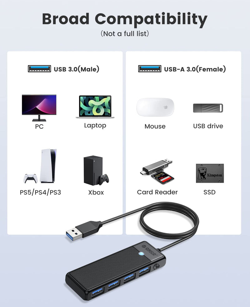 [Australia - AusPower] - USB 3.0 Hub, ORICO 4-Port USB Hub with 6FT Long Cable, Ultra Slim USB Splitter for Laptop MacBook Pro, iMac, Surface Pro, XPS, PS5，PC, Flash Drive, Mobile HDD(Black/6ft) Black/USB-A 