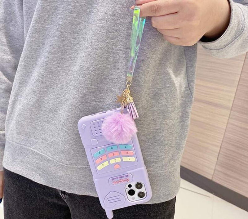 [Australia - AusPower] - Aulzaju Cute Funny Case for iPhone 12 Pro Max Soft Silicone Cartoon Bumper Protective Cover 3D Unique Creative Kwaii Retro Phone Design with Pom Pom Fluffy Ball Lanyard Strap for Women Girls(Purple) Purple iPhone 12 Pro Max 6.7 Inch 