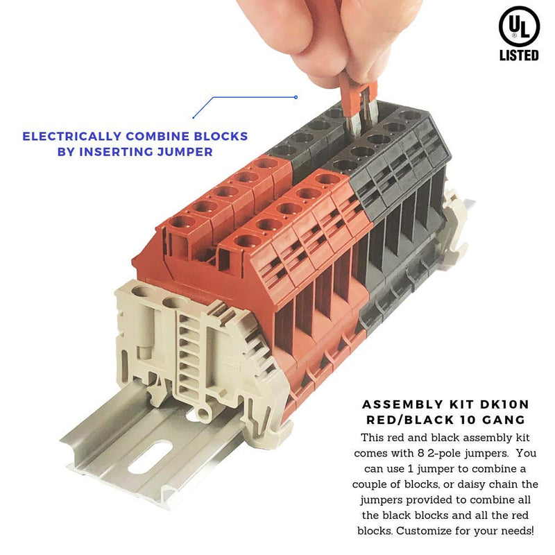 [Australia - AusPower] - Dinkle Assembly Kit DK10N Red/Black 10 Gang with Jumpers DIN Rail Terminal Blocks, 6-20 AWG, 60 Amp, 600 Volt 