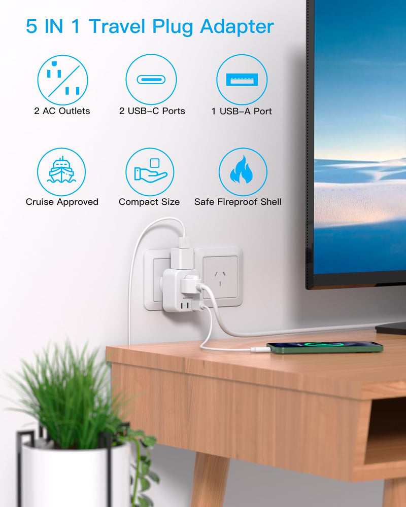 [Australia - AusPower] - US to Australia New Zealand Power Plug Adapter, Type I Plug Adapter with 2 Outlets 3 USB Ports(2 USB C), Australia Travel Plug Adapter for USA to Australian AU China Argentina Fiji Travel Essentials Type I - Australia China 