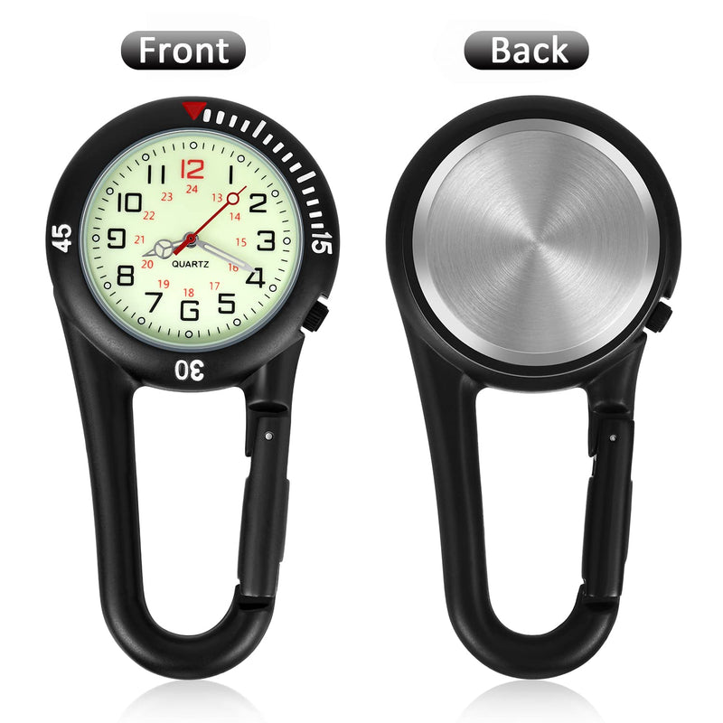 [Australia - AusPower] - 2 Pieces Clip on Quartz Watch Backpack Fob Belt Watch Glow in The Dark Unisex Pocket Watch with White Dial for Doctors Nurses Outdoor Activities Black, Silver 