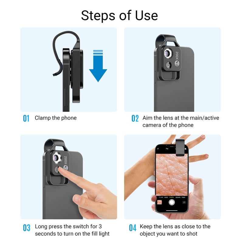 [Australia - AusPower] - 200X Phone Mini Pocket Microscope with LED Light/Universal Clip, Portable Digital Microscope Camera Attachments for 99% Smartphone, Microworld for Kids Adults (200X with CPL, Black) 200X with CPL 
