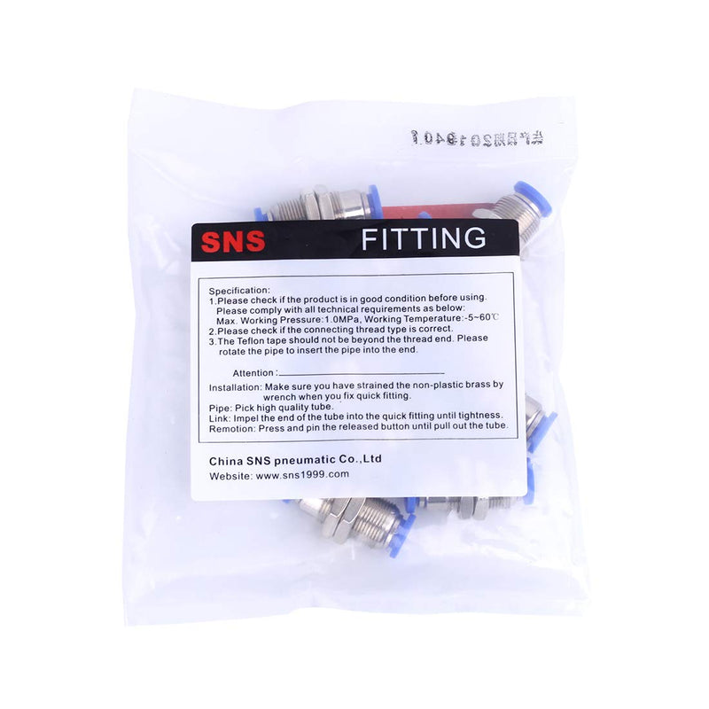[Australia - AusPower] - SNS SPM-1/4 Tube OD 1/4 NPT Bulkhead Union Nickel Plated Brass Push to Connect Fittings 10 PCS Per Pack 
