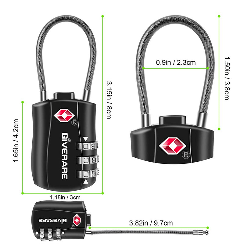 [Australia - AusPower] - GIVERARE TSA Approved Luggage Locks, Combination Travel Cable Lock, Re-settable 3-Digit Padlocks with Alloy Body, Keyless Travel Sentry Accepted Padlock for Gym Locker, Golf Bag Case, Backpack-Black 1 pack Black 