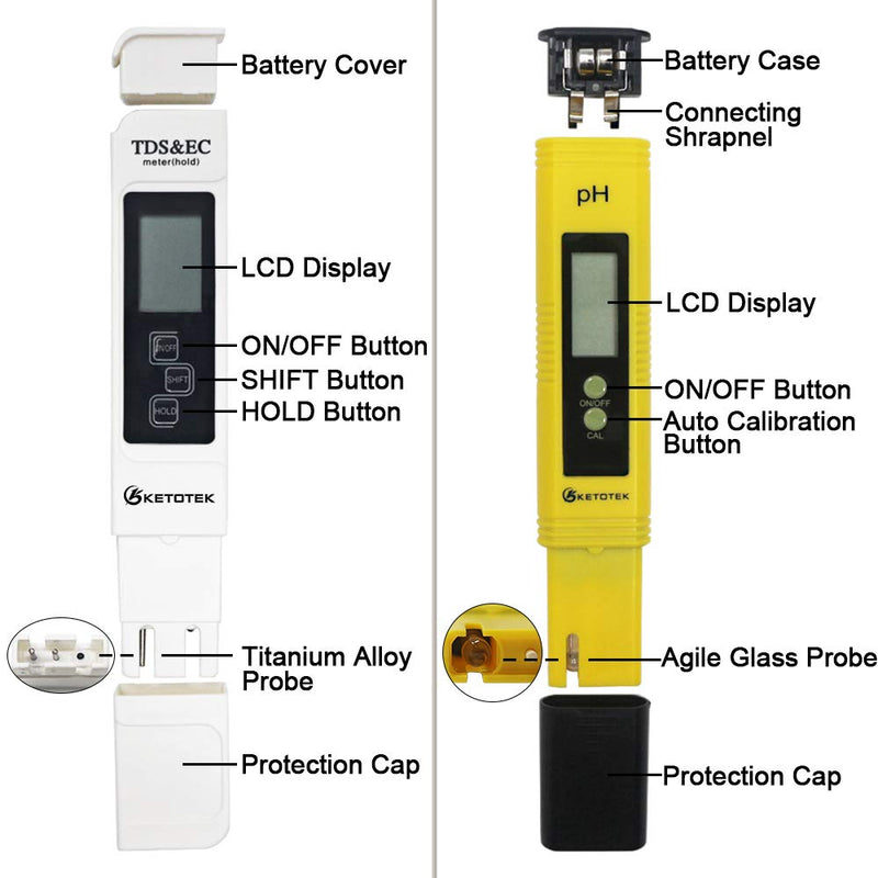 [Australia - AusPower] - KETOTEK Digital Water TDS Meter PH Meter, PPM Tester has TDS-EC-Temp (3-in-1) and ±2% Accuracy, PH Tester with 0-14.00PH and 0.01 Accuracy, TDS PH Meters for Aquariums Water, Hydroponics, RO System PH+TDS&EC 
