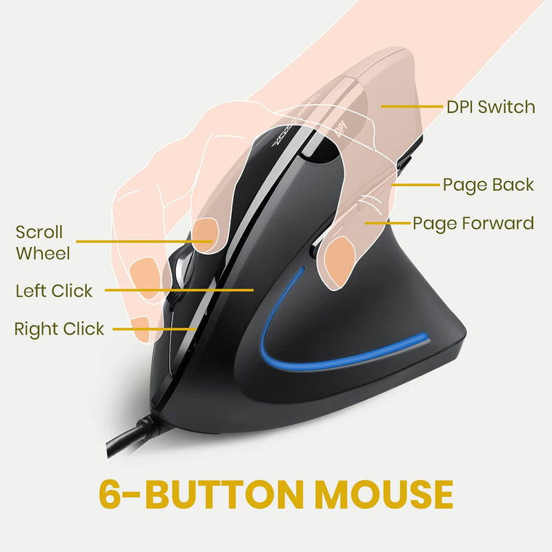 [Australia - AusPower] - Perixx Perimice-513 Wired Vertical USB Mouse, 6 Buttons with 1000/1600 DPI, Right Handed Design, black (11168) 