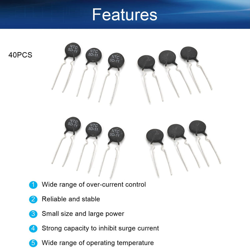 [Australia - AusPower] - Heyiarbeit NTC Thermistor Resistors 5D-11 4A 5 Ohm Inrush Current Limiting Limiter Thermistor 40Pcs 5D-11 40Pcs 