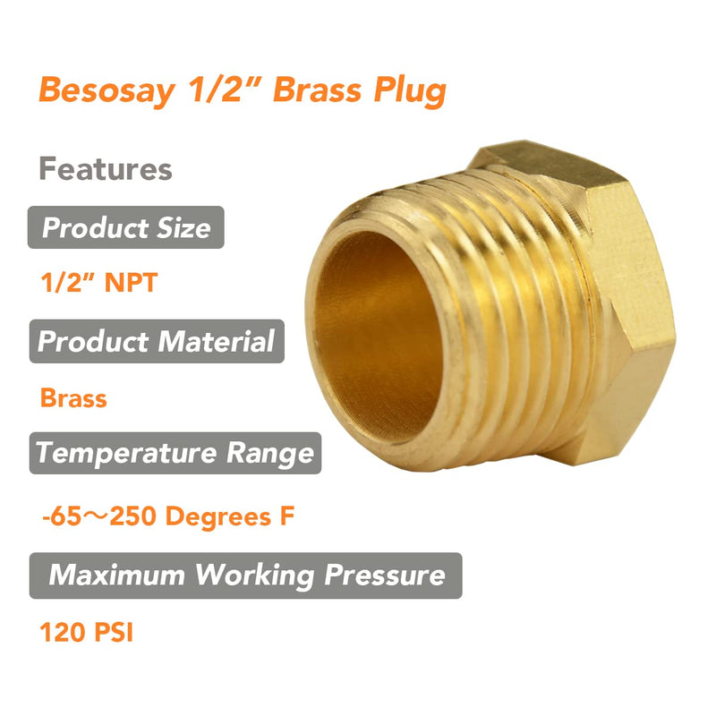 [Australia - AusPower] - (6 Pack) Besosay 1/2 Inch NPT Male Brass Pipe Plug, Brass Outer Hex Thread Socket Pipe Fitting Plug 1/2" NPT 