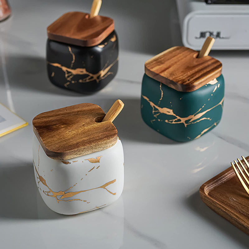 [Australia - AusPower] - Marble Ceramics Sugar Bowl Ceramic Seasoning Box Ceramic Spice Jars Porcelain Condiment Pots with Lid and Spoon (White) White 