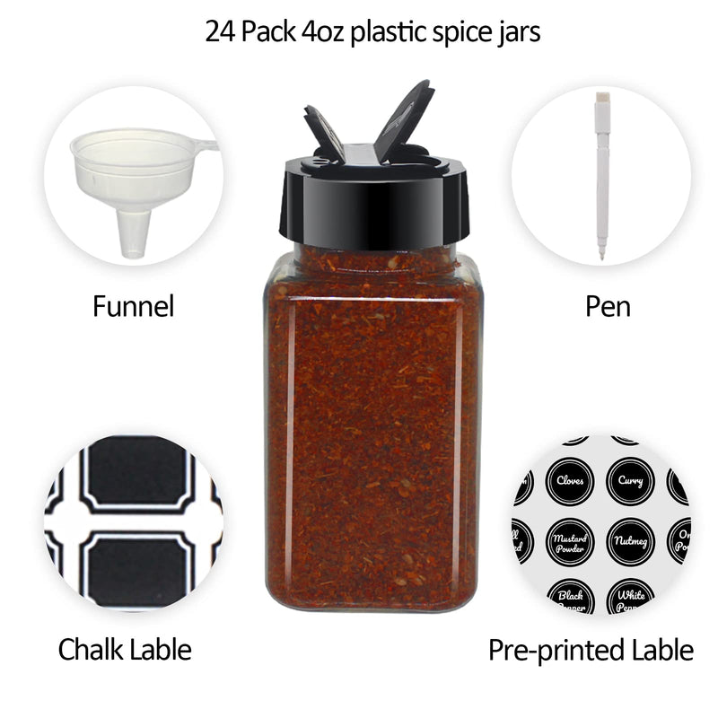 [Australia - AusPower] - BPFY 24 Pack 4oz Clear Plastic Spice Jars With Black Plastic Lids, Square Spice Bottles, Plastic Seasoning Containers with Chalk Labels, Pen, Funnel, Spice Containers For Kitchen Cabinet 