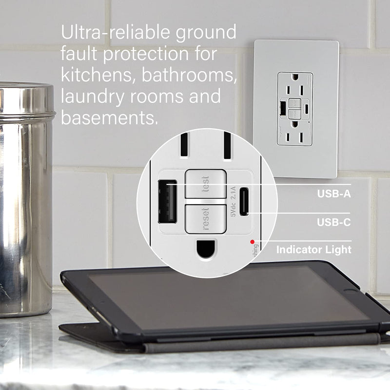 [Australia - AusPower] - Legrand Radiant® USB GFCI Outlet, 15A Tamper-Resistant, Self-Test, Type-A/C, White, 1597TRUSBACW 