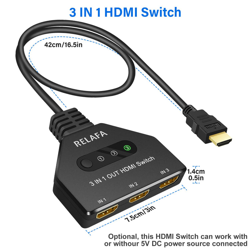 [Australia - AusPower] - HDMI Switch 3 in 1 Out, 4K HDMI Multi-Port Switch with Pigtail HDMI Cable, 3-Port HDMI Switcher 4K Support UHD 3D Full HD 1080P HDMI 1.4 Switch Splitter Hub, for HDTV, Fire Stick 4K, Roku, Blu-Ray 
